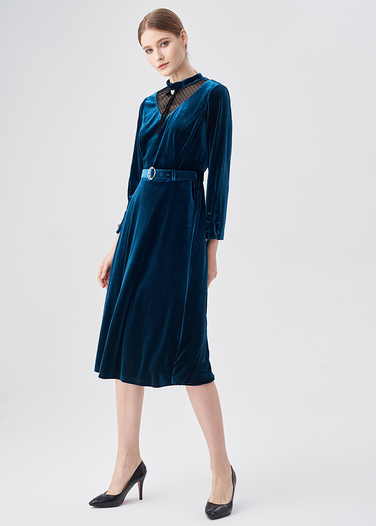 商场同款】马天奴2022年秋冬新款复古蝴蝶结网纱镂空蓝色丝绒长裙礼服