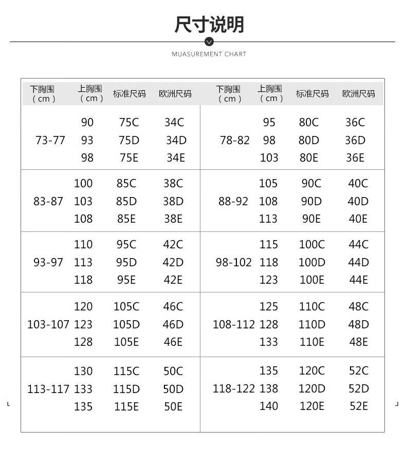 胸罩型号从小到大排图片