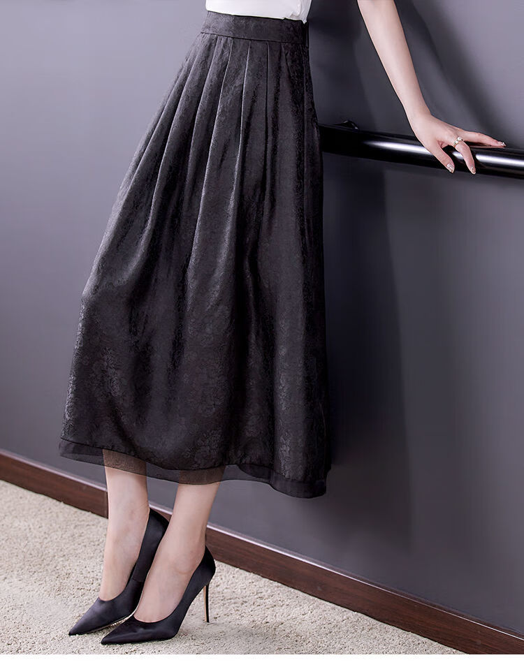 真丝半身裙女夏季新款贵夫人阔太太高端桑蚕丝龟纹a字裙子黑色l90110