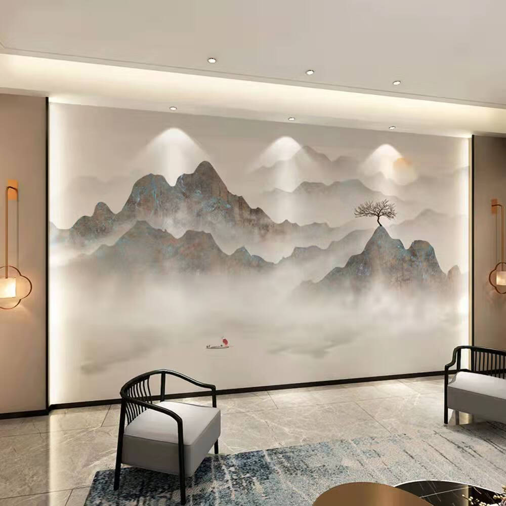 现代新中式电视背景墙布意境水墨山水墙画客厅书房大气墙布定制画款式