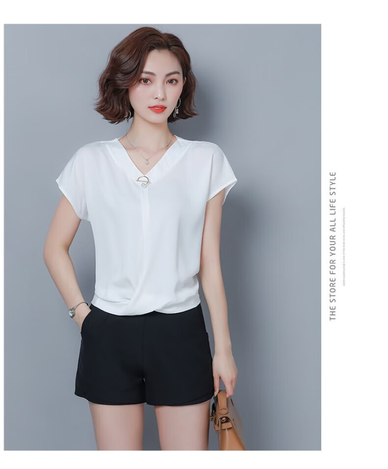 雪纺衫女短装 高腰雪纺短袖女半袖t恤洋气时尚短款上衣配扩阔腿裤的