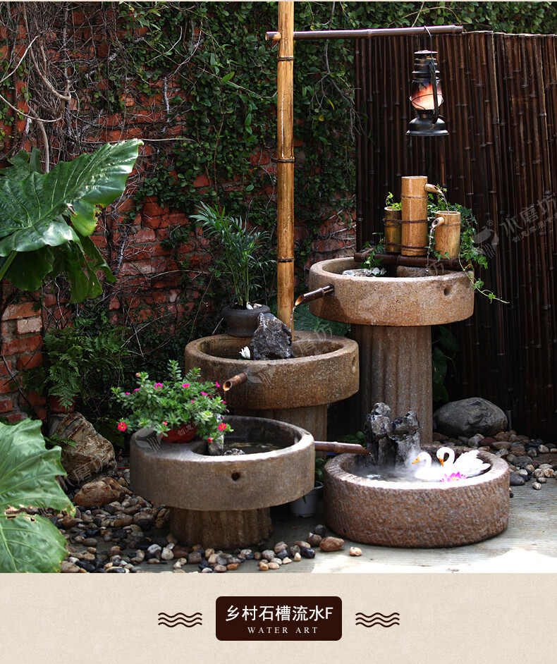 仿古老石槽流水摆件鱼缸阳台鱼池造景室内石磨水景民宿花园装饰品原竹