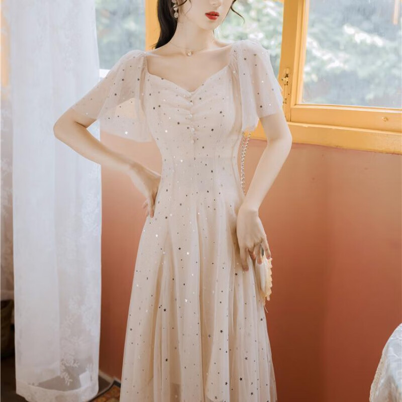 连衣裙女夏天裙子新款2022夏季新款气质亮片生日小礼服网纱仙女连衣裙