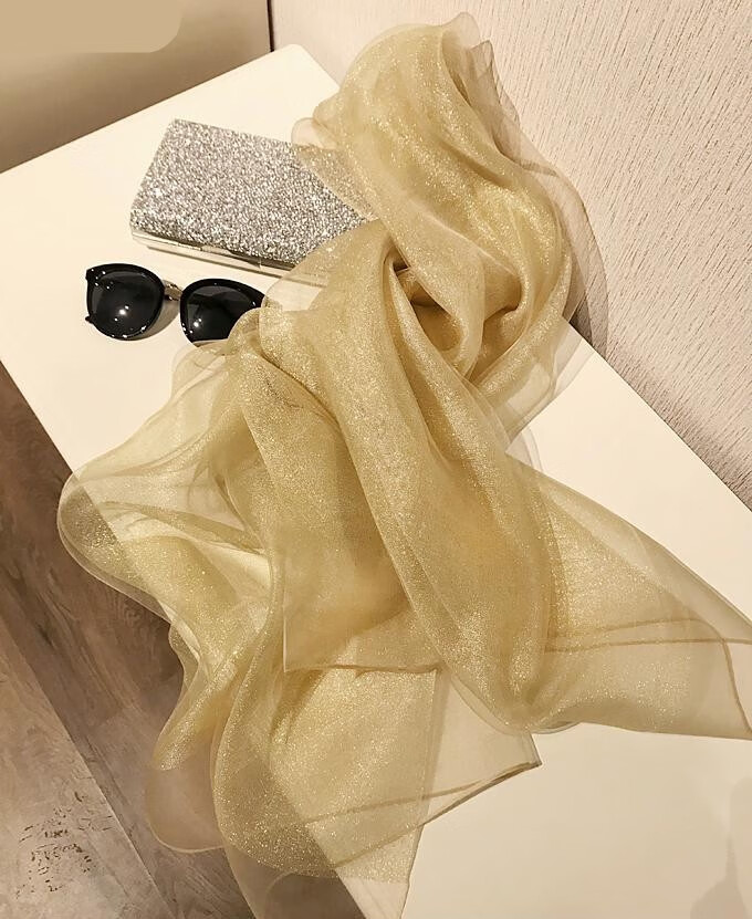 袋鼠双层欧根纱围巾丝巾金色礼服婚纱旗袍披肩长巾秋冬女款 深红色