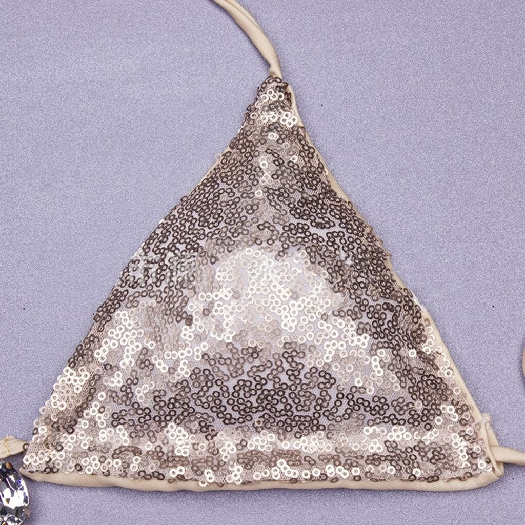 比基尼三点式性感闪闪水钻大小胸聚拢度假泳衣女度假温泉纯欲风镶钻