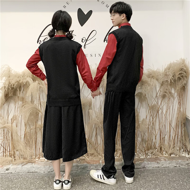 英伦红色衬衫毕业班服套装韩版学院风男女校服高中生演出黑裙制服 红