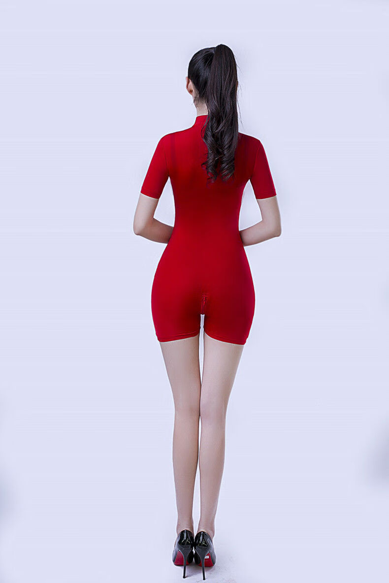 短袖连体衣双头拉链开裆性感紧身弹力女夏季健身瑜伽内衣短裤 黑色