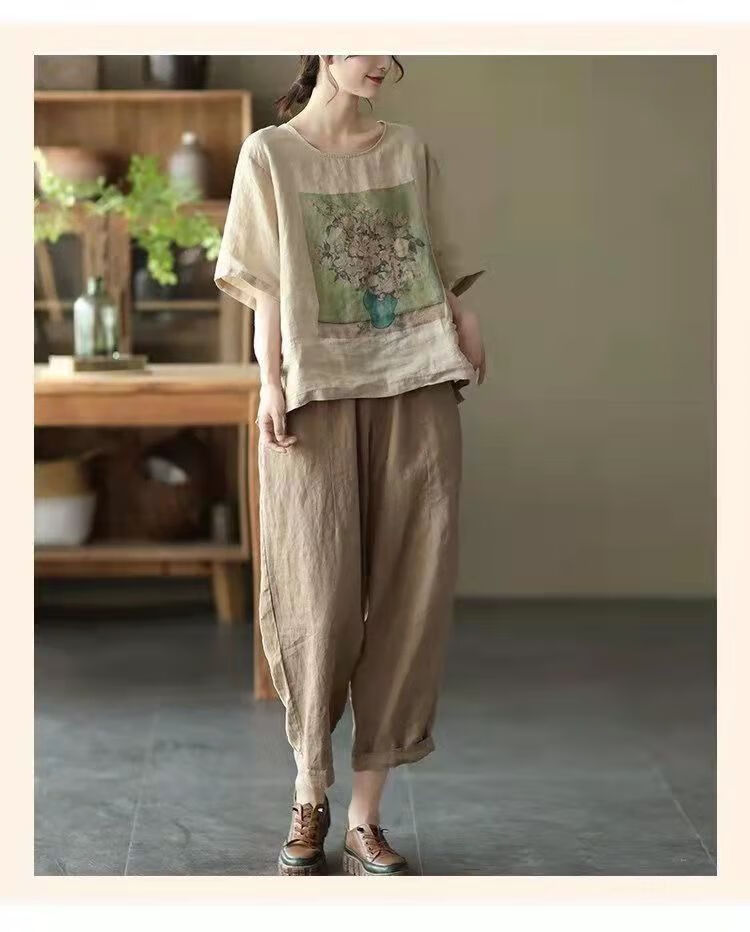 子牧棉麻2022春夏装女文艺百搭休闲裤子拼接九分哈伦裤0775棕色4xl