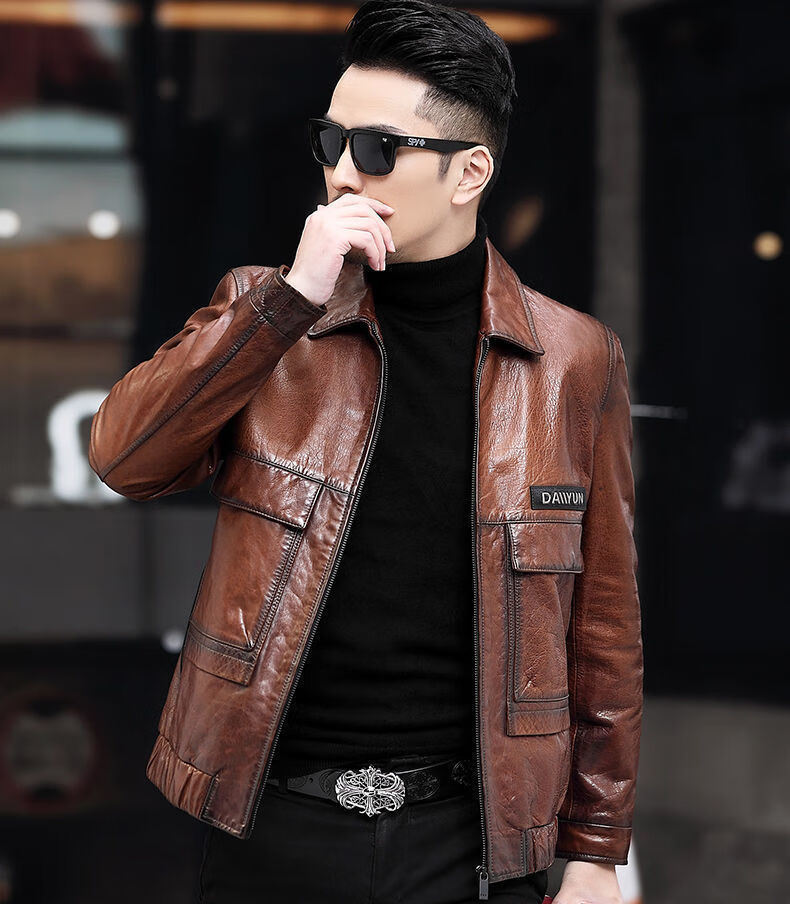 精选春秋海宁绵羊真皮皮衣男修身薄款翻领皮夹克男皮衣服休闲外套曼迪