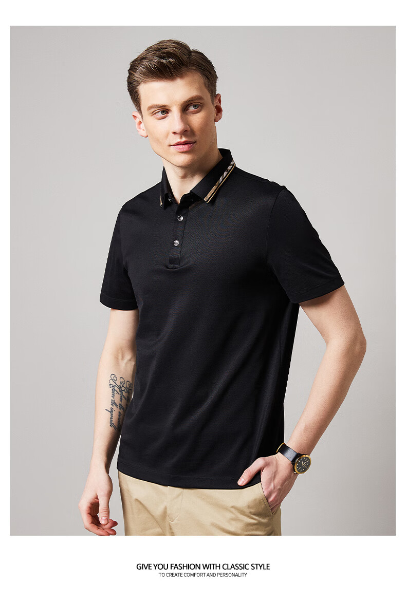 培蒙短袖t恤男2022夏季桑蚕丝轻薄透气冰丝polo翻领上衣青年男士纯色