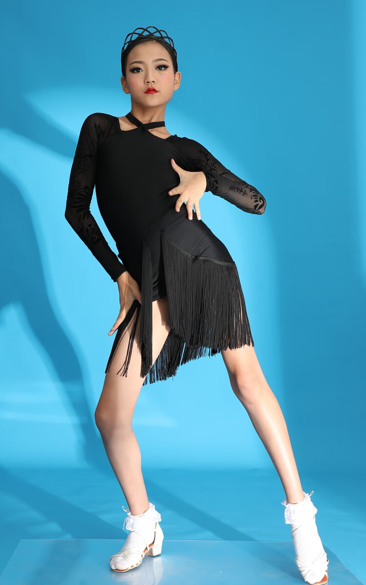 舒弗星拉丁舞服装新款女标准艺考流苏练功服少儿舞蹈表演出标准黑色s