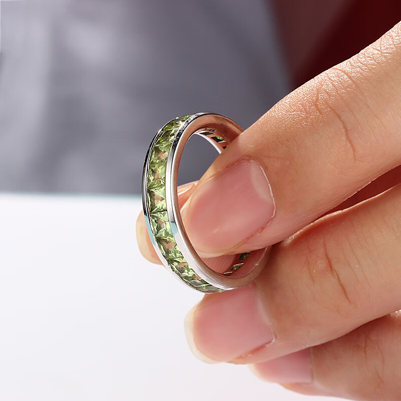 宝札 方形满镶绿宝石戒指男女925银情侣对戒天然橄榄石食指宽排戒碧玺
