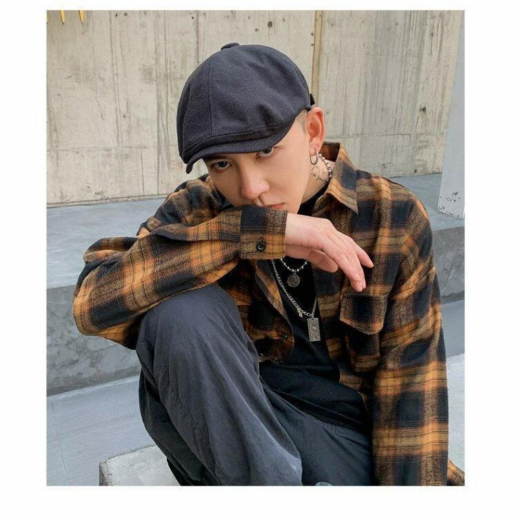 男士贝雷帽黑色八角帽子男潮春秋前进画家贝雷帽男士ins潮流黑色可