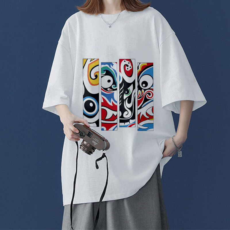 南极人国潮风夏季短袖t恤女印花宽松休闲百搭上衣情侣款半袖中国风t恤