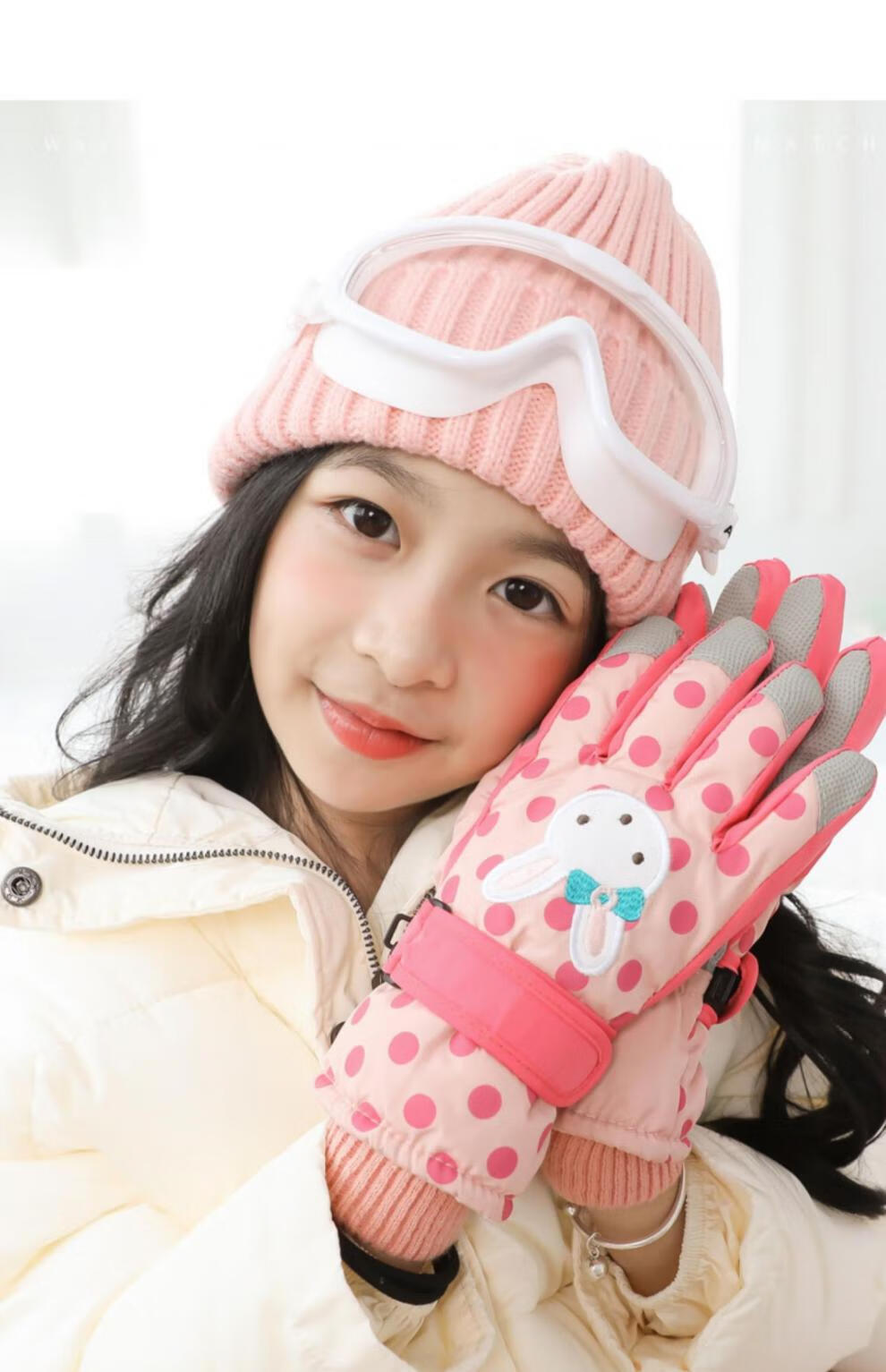 小童手套冬季学生上学骑行五指防寒防水儿童户外玩雪手套 粉红色 红蓝