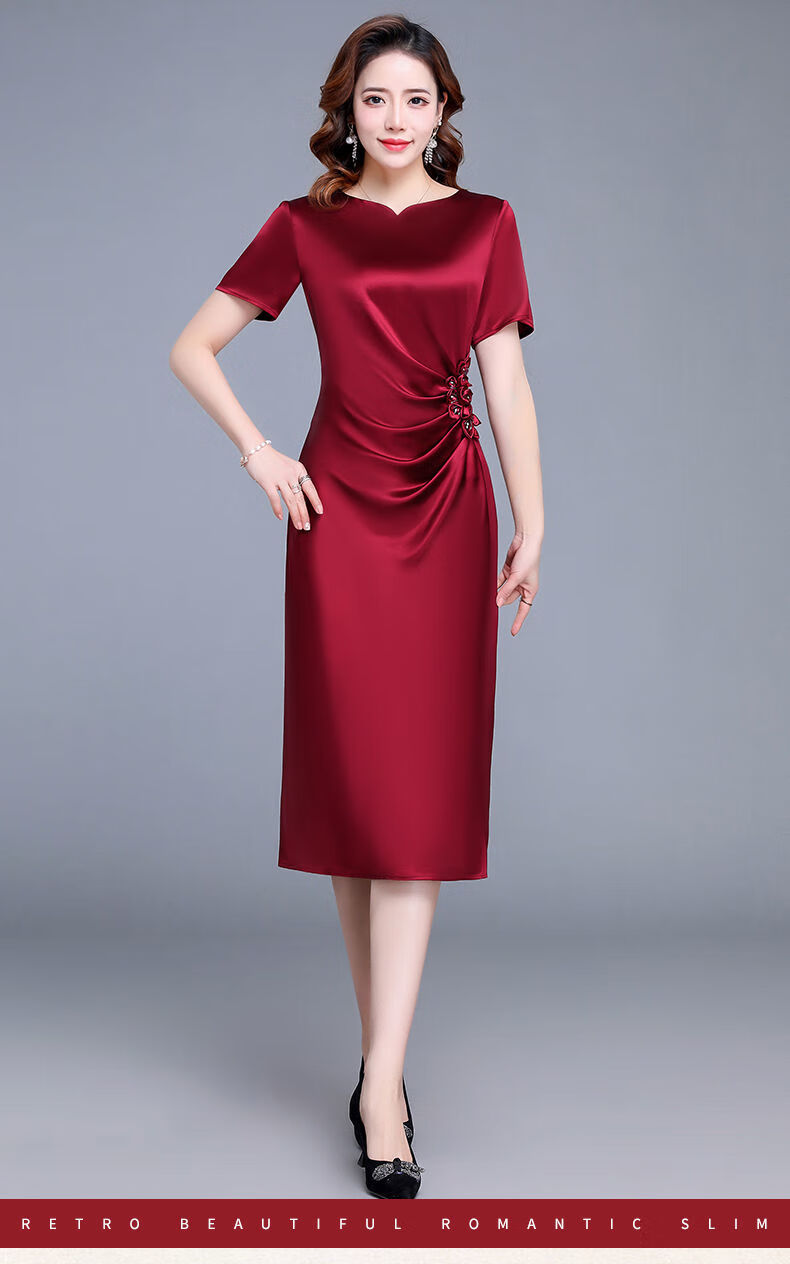 bf醋酸缎新款2022夏季旗袍高贵宴会儿子结婚妈妈装大码遮肚显瘦枣红