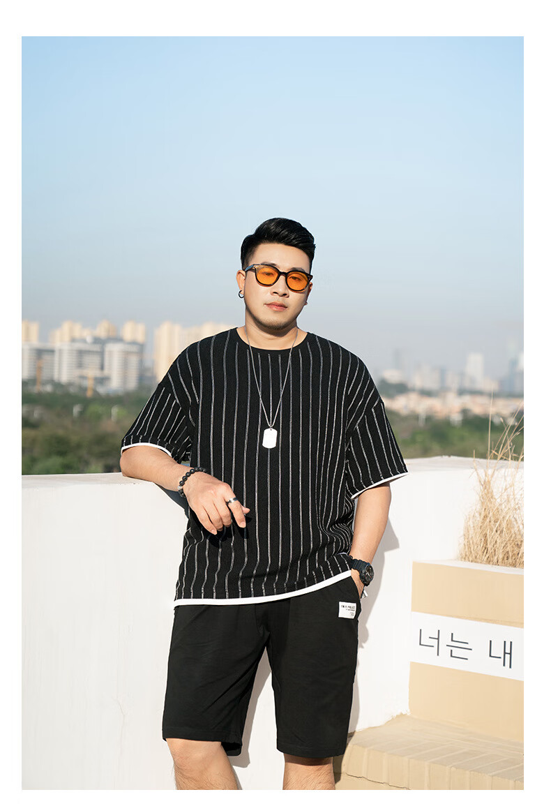 坦野大码男装短袖t恤男胖子男装加肥加大码男装胖子上衣宽松条纹t恤