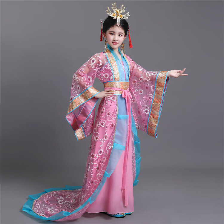 儿童唐装中国风汉服女童仙女公主贵妃拖尾走秀古装六一舞台演出服