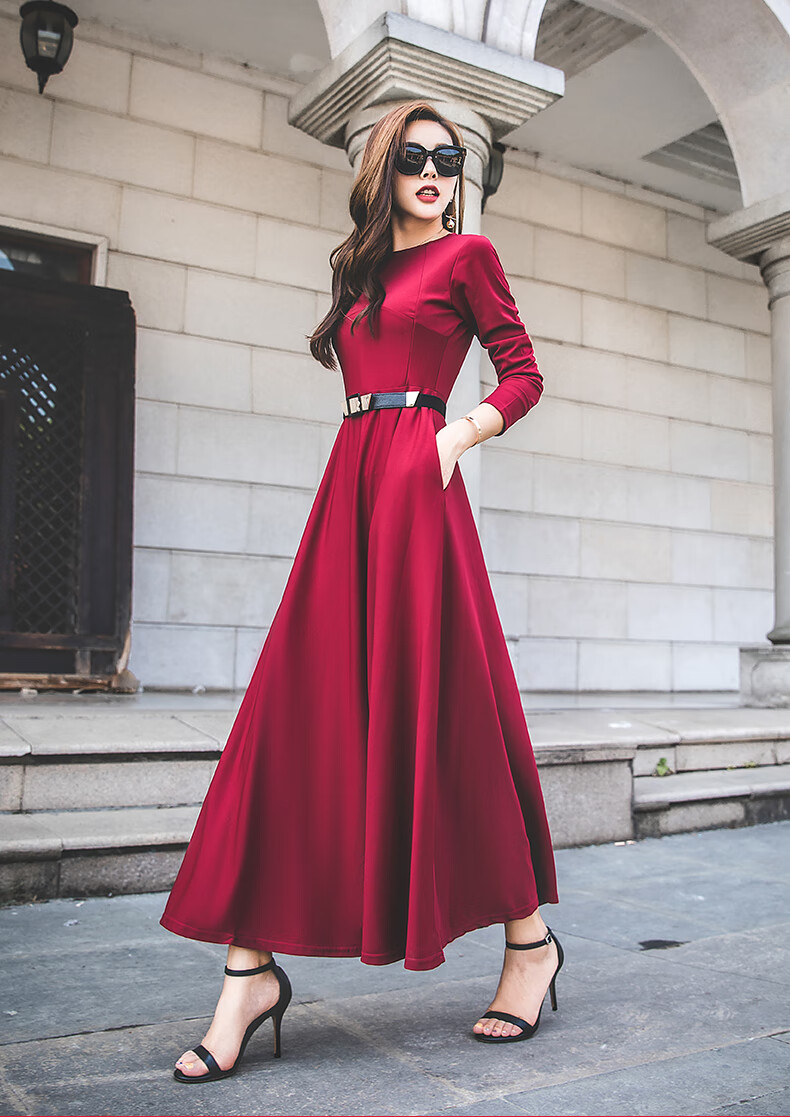 红色过膝长裙长款连衣裙春季新款修身显瘦收腰a字裙女 月夜黑 s(80~95