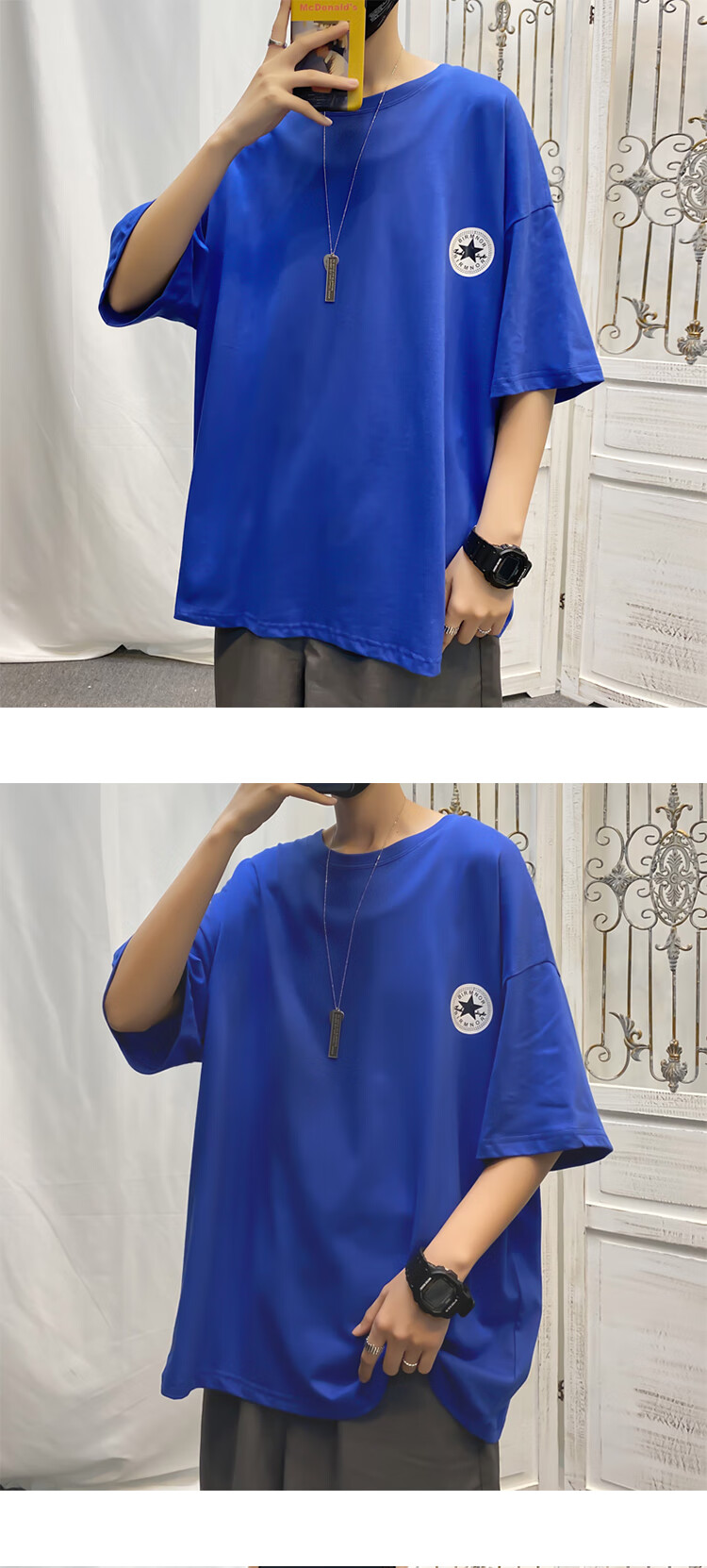 男宽松休闲潮流百搭春装短袖上衣ins港风学生春秋季半袖蓝色高质量s