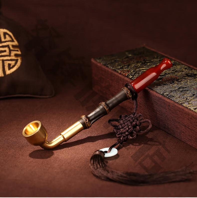 叶子烟旱烟 手工紫竹节烟斗红玛瑙嘴旱烟袋传统老式铜烟烟锅子男士