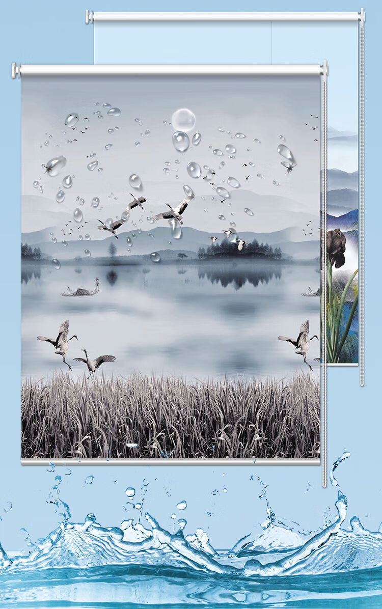 卷帘窗帘遮光升降手拉窗帘浴室免打孔窗帘成品新款风景水墨山水画加厚