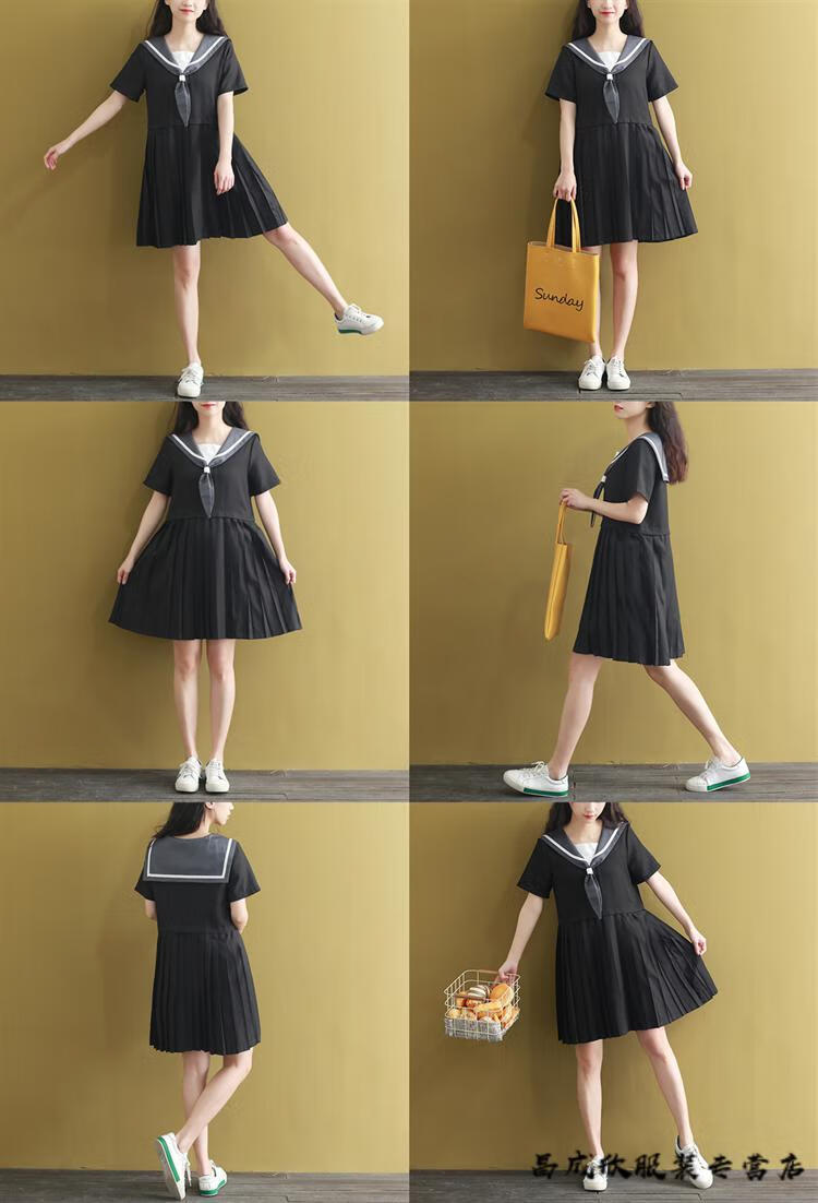 jk裙子学生夏装韩版日系学院海军风绣花中长款娃娃领大码森女文艺