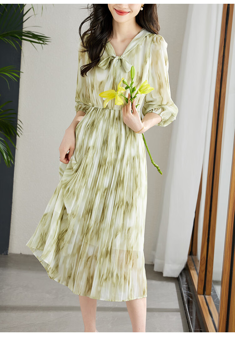 熙世界复古青绿水墨风连衣裙高端气质新款女百褶雪纺裙长袖早秋 黄