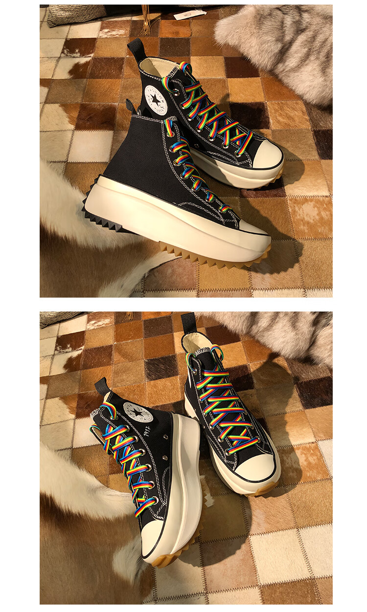 【官方正版 品牌直营】肖战郑爽同款鞋高帮帆布鞋女厚底增高彩虹休闲