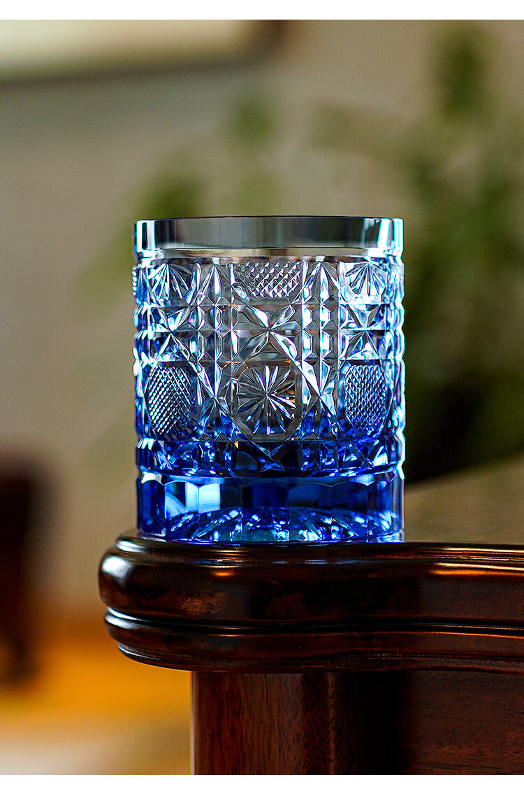 沃之沃 洋酒杯切子龙目菊纹水晶杯高端手工切子杯翡翠绿威士忌酒杯