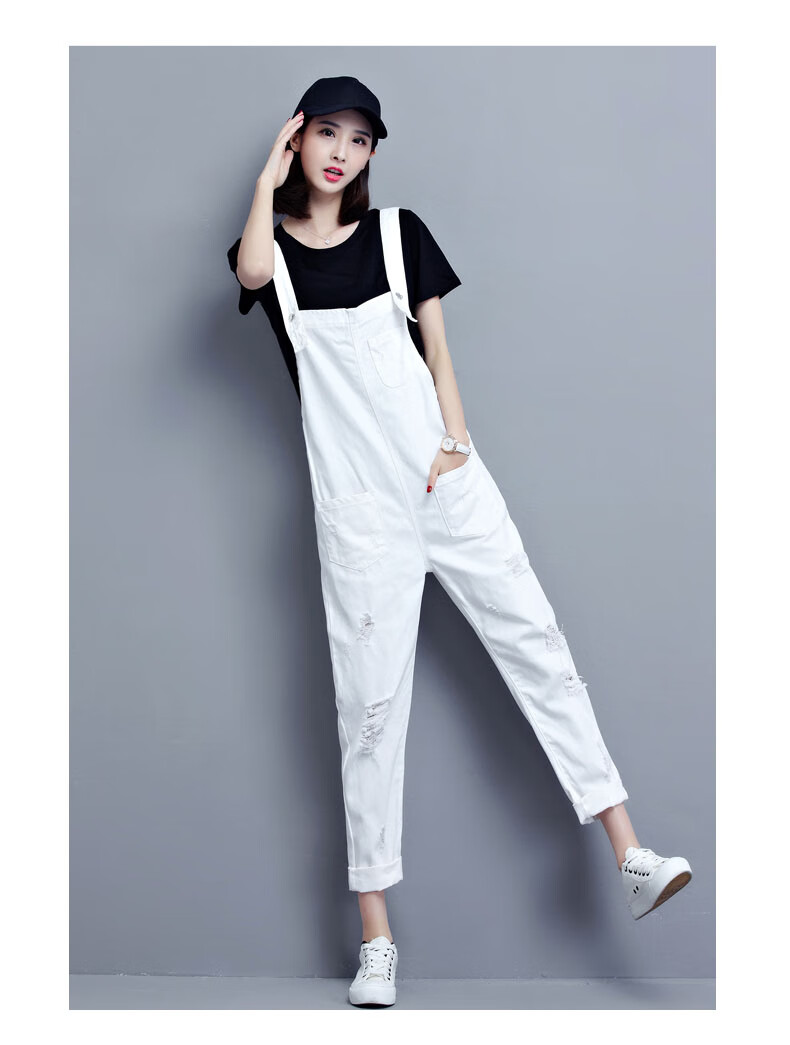 背带裤女夏九分裤破洞宽松韩版吊带裤2022新款显瘦连体裤白色背带xs