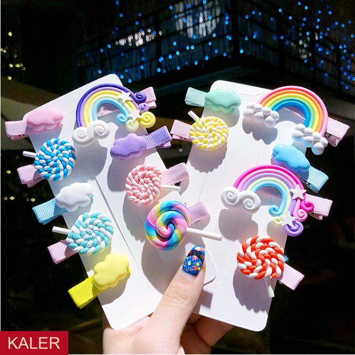 边夹韩国元气少女卡通棒棒糖发夹鸭嘴夹头饰一字夹9个彩虹发夹随机发