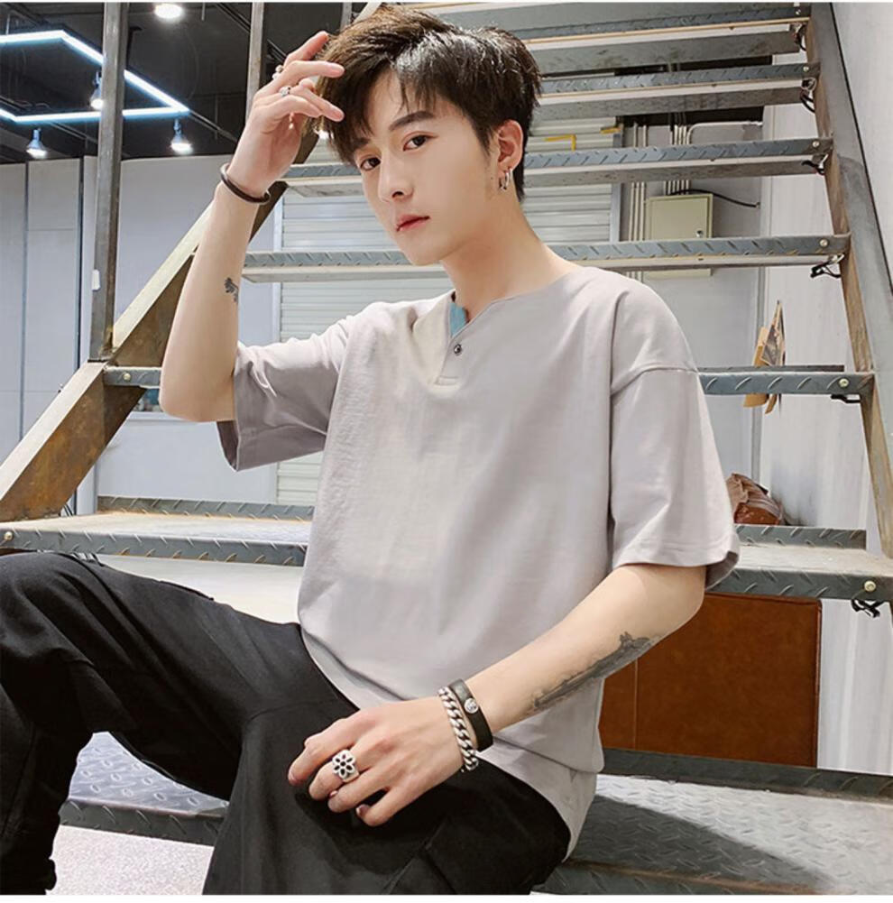 high精品短袖t恤男2020夏装ins宽松v领体恤青年帅气潮流半截袖上衣服