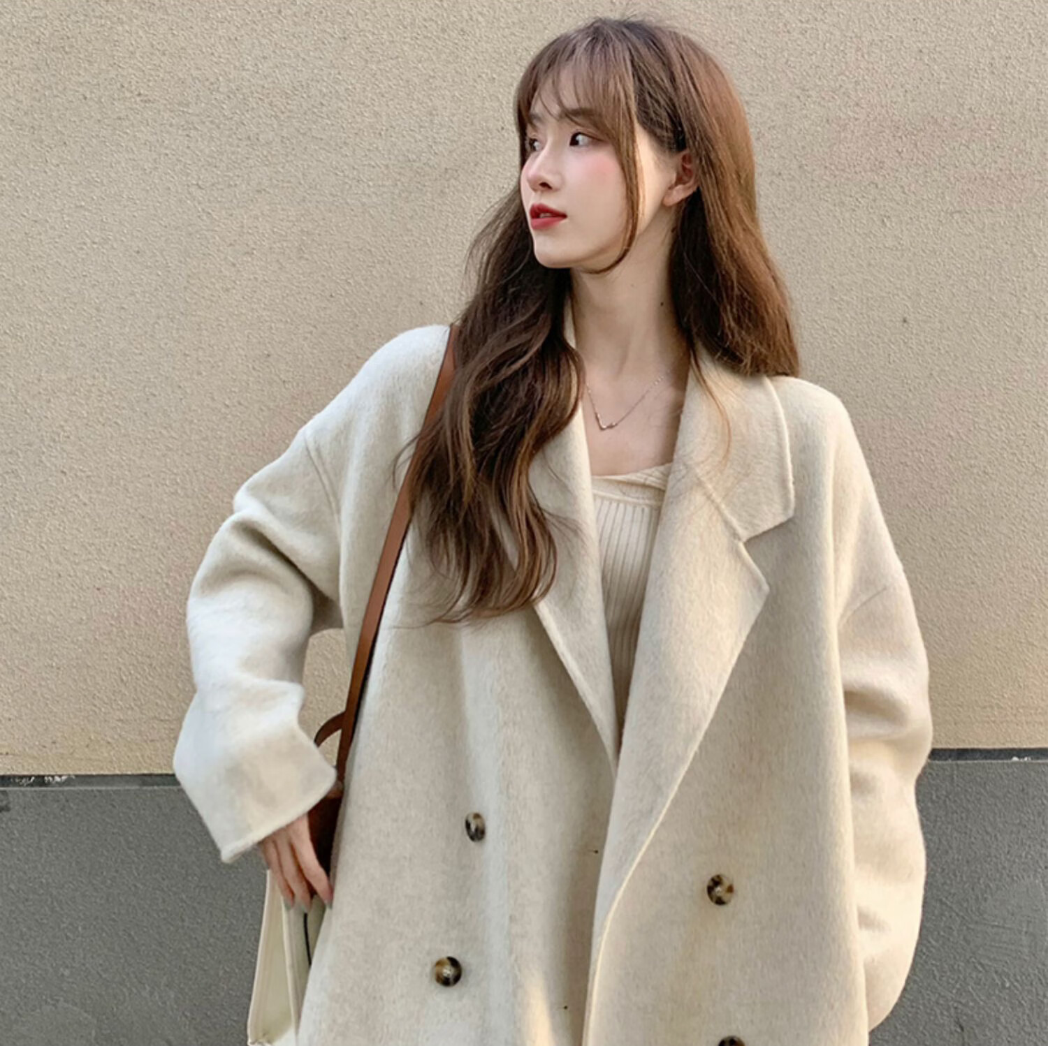 拉夏贝尔homme旗舰官方燕麦色毛呢外套女中长款加厚小个子网红韩版