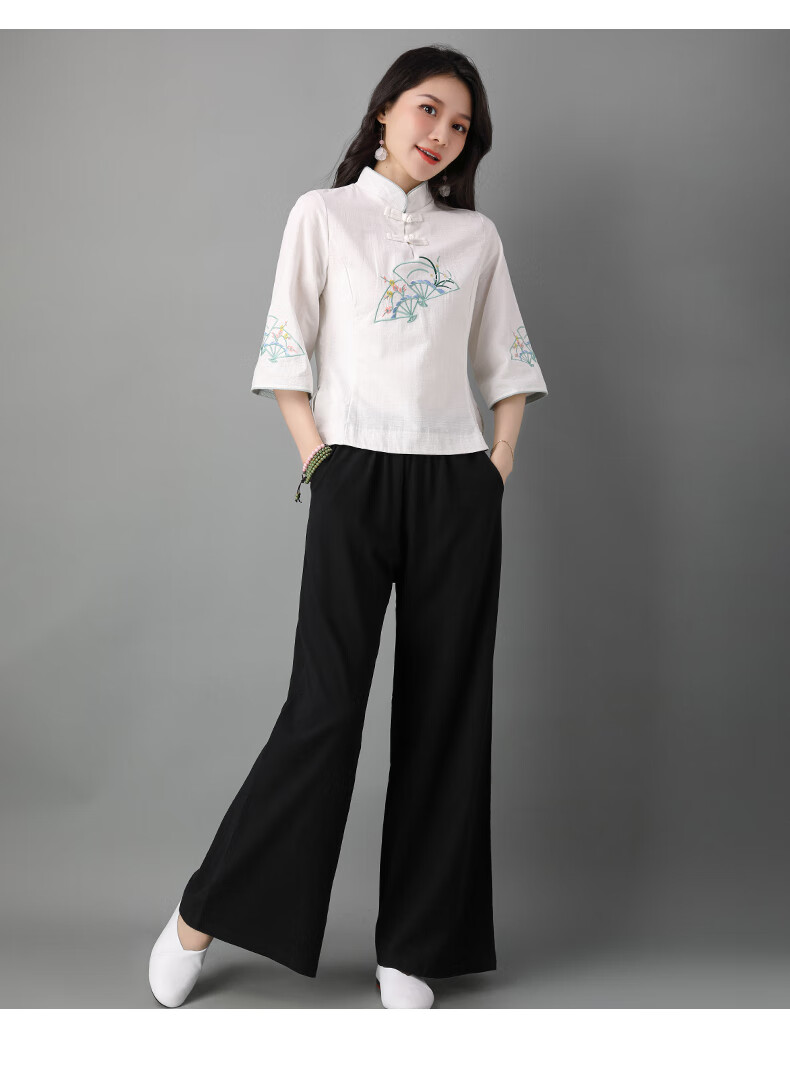 禅意茶服女中式民族风绣花棉麻旗袍上衣女阔腿裤女两件套粉色仅上衣m