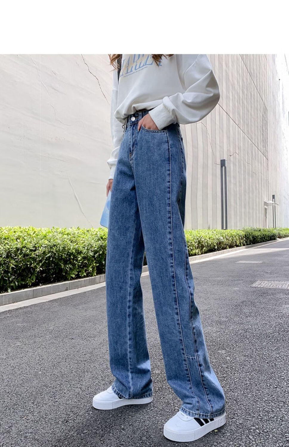 牛仔裤女宽松牛仔裤春秋新款高街风小个子显瘦百搭直筒侧边拼接拖地裤