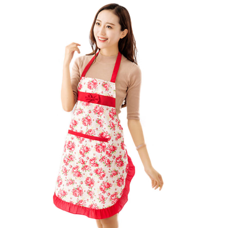 沸福时尚厨房田园碎花蝴蝶结花边围裙女成人罩衣做饭系带围腰 (蓝色