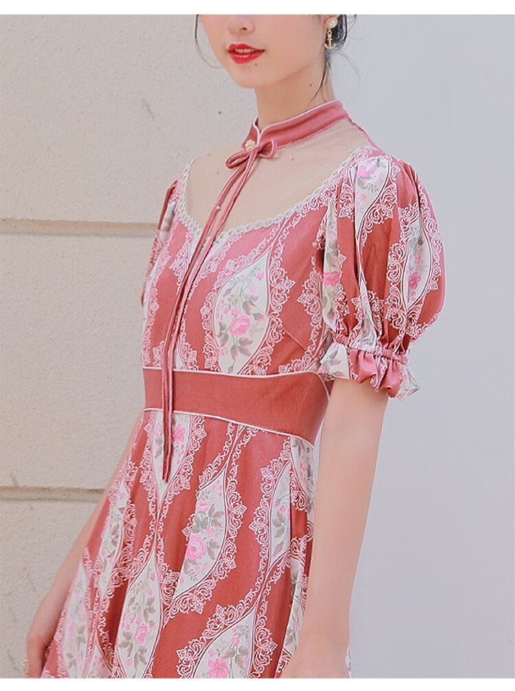 礼槿爷檀香镜粉2022年新款黛粉镂空收腰仙气法式浪漫泡泡袖长连衣裙黛