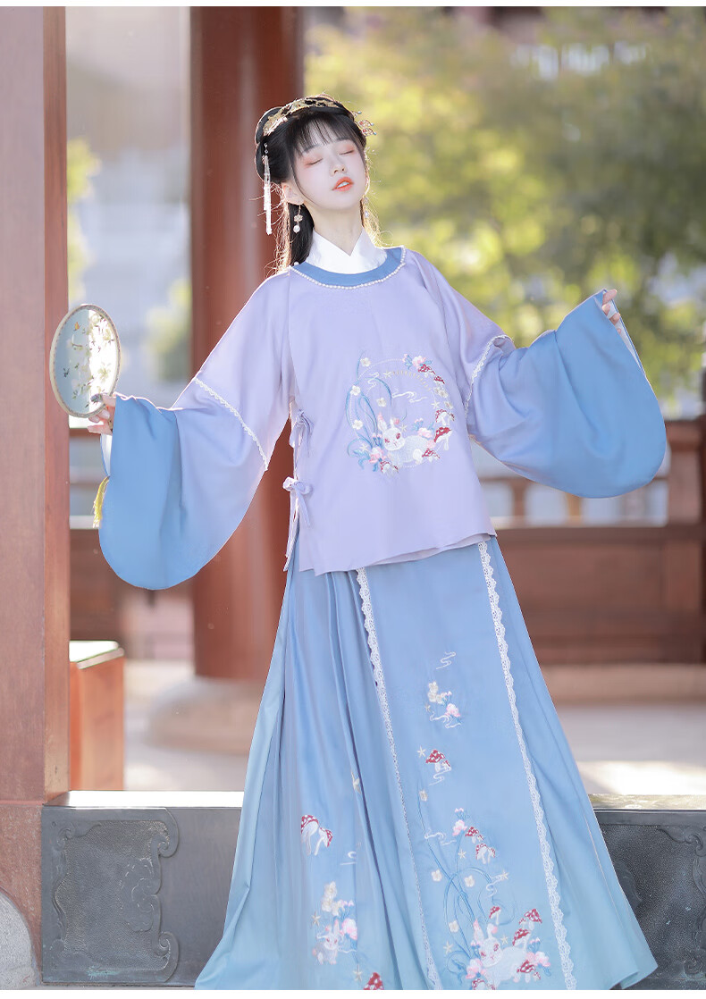 茕茕稚兔圆领明制汉服女重工刺绣袄加绒斗篷马面裙秋冬 蓝色两件套 l