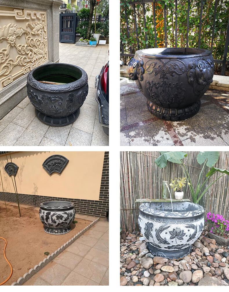 斯沛泽 青石花盆鱼缸仿古石雕荷花鱼圆缸庭院大石缸石头水缸中式石盆