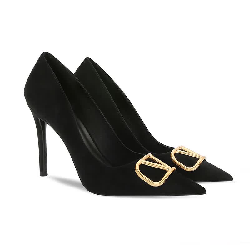 酷奇品牌2022年新款铜扣尖头细跟高跟鞋女绒面单鞋设计感小众日常宴会