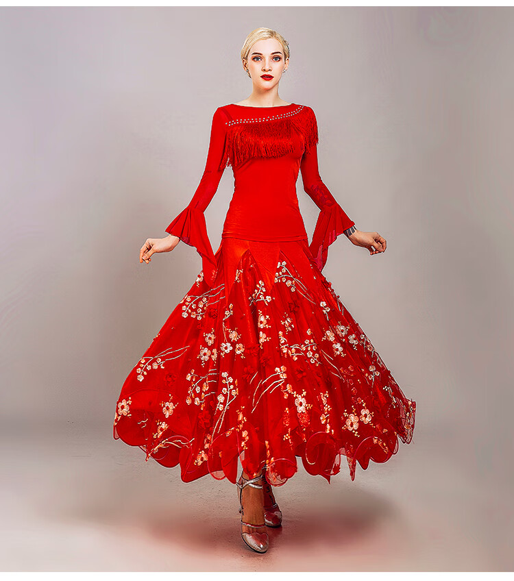 新款国标舞衣拉丁流苏小衫舞蹈演出服交谊舞练功服春秋女款上衣红色s