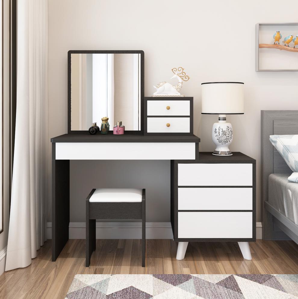 床头柜梳妆台卧室现代简约收纳柜一体网红ins风小户型化妆台桌子 黑白