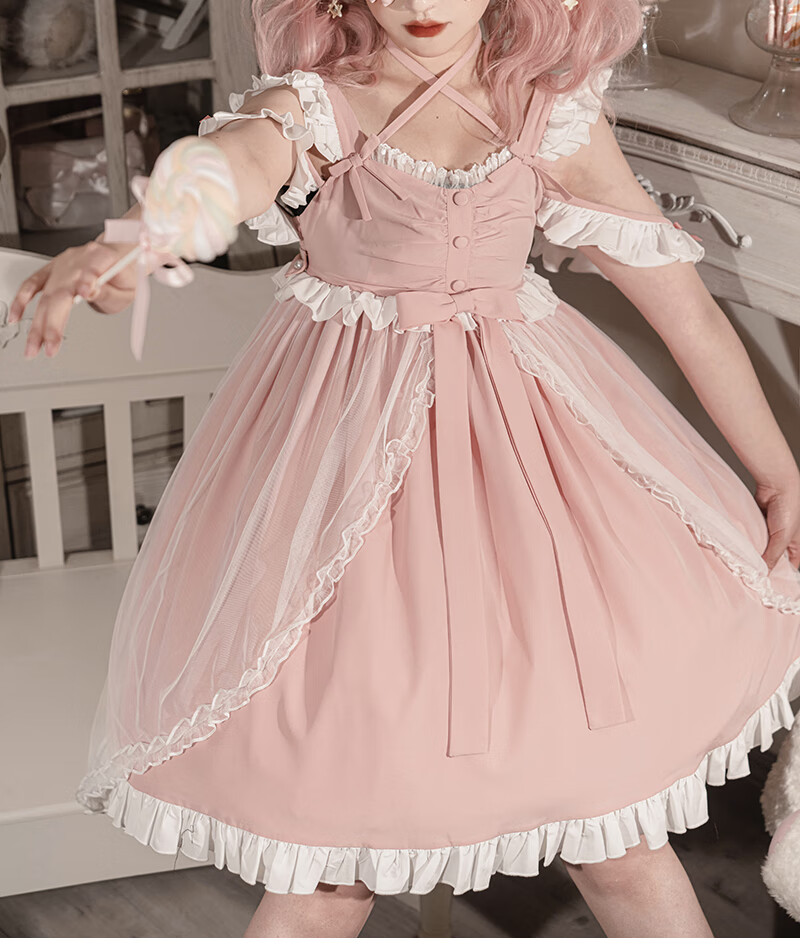 原创jsk太炎兽lolita装软妹可爱洛丽塔日常轻lo吊带连衣裙女 梦幻粉裙