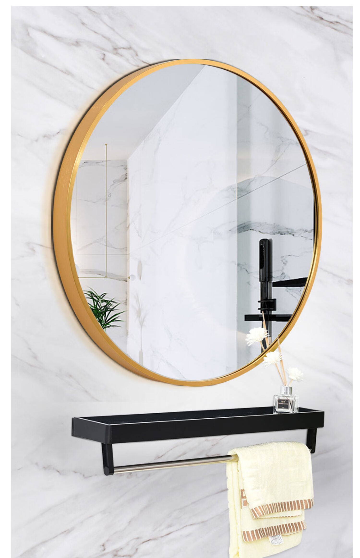 瑾暖卫生间浴室镜圆镜壁挂带置物架镜子挂墙式洗手台免打孔厕所卫浴镜