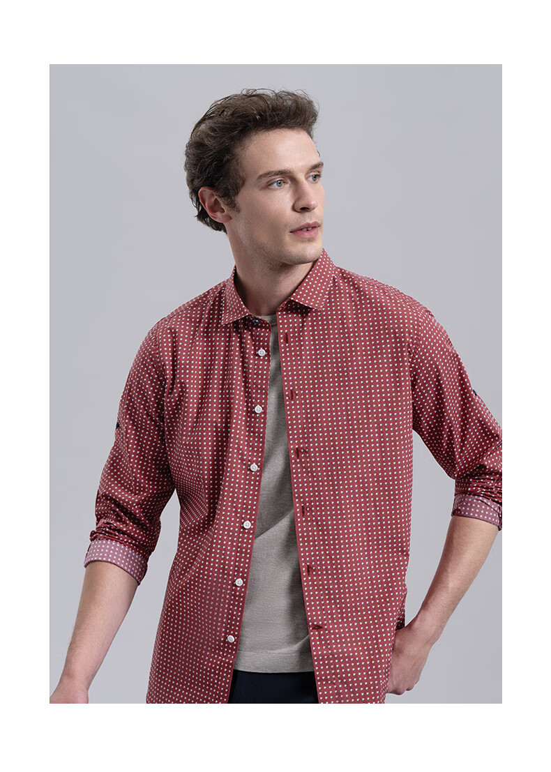 【抗菌】金利来官方直发男士纯棉清爽优雅花格休闲袖子系扣长袖衬衫