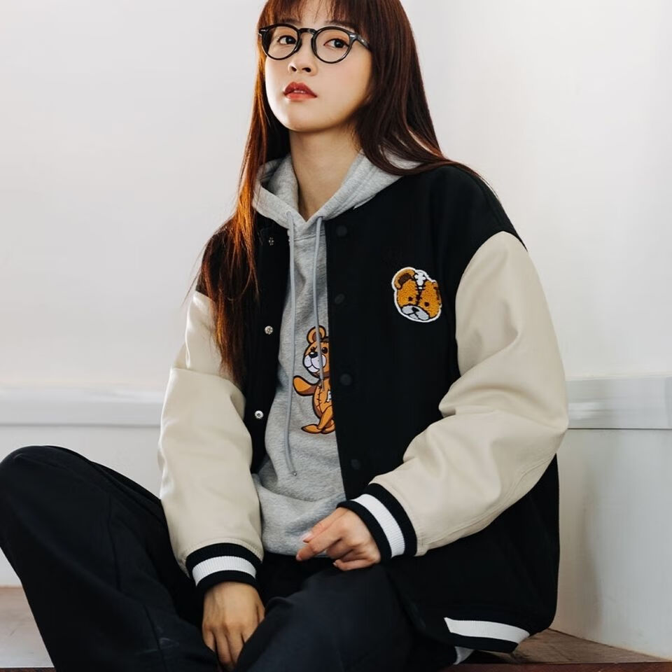 psobrand小熊刺绣棒球服男女潮牌2022新款夹棉外套情侣夹克黑色l