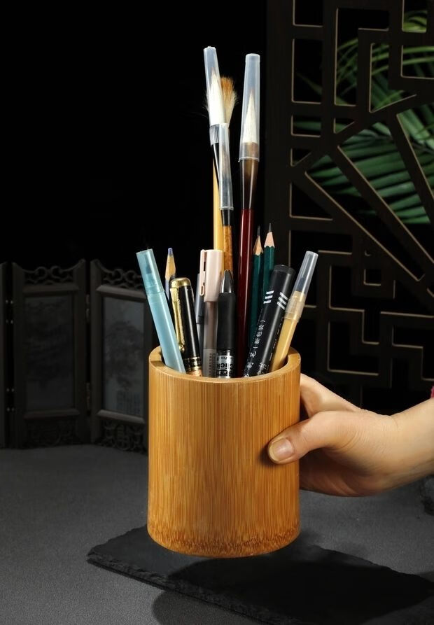 仓梵多功能竹木圆形笔筒中国风商务办公室文房摆件学生笔桶桌面收纳盒