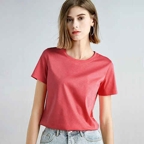 t恤女130支双面棉丝光棉短袖冰丝纯色体恤半袖打底衫中国红130支精梳