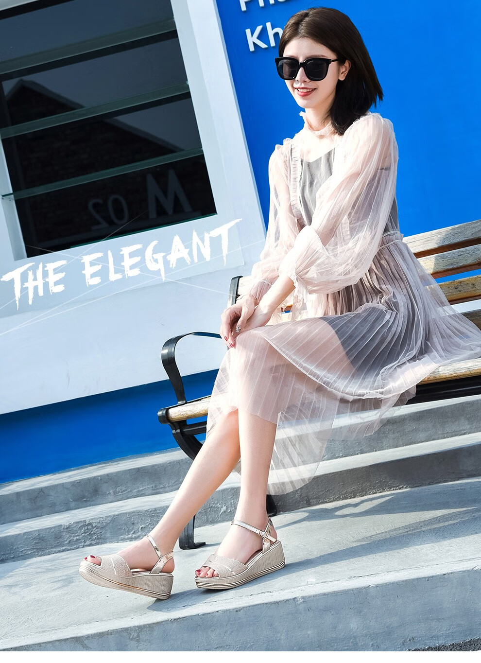 坡跟凉鞋女2022年夏季新款防滑中跟一字带时尚百搭甜美中年妈妈鞋大码